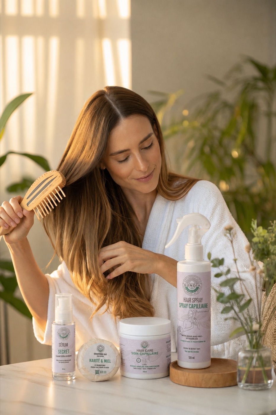 Routine capillaire SunDía avec produits et ambiance naturelle